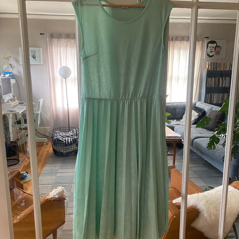 Vintage Mint Green Floral Sleeveless Dress Pleated Skirt